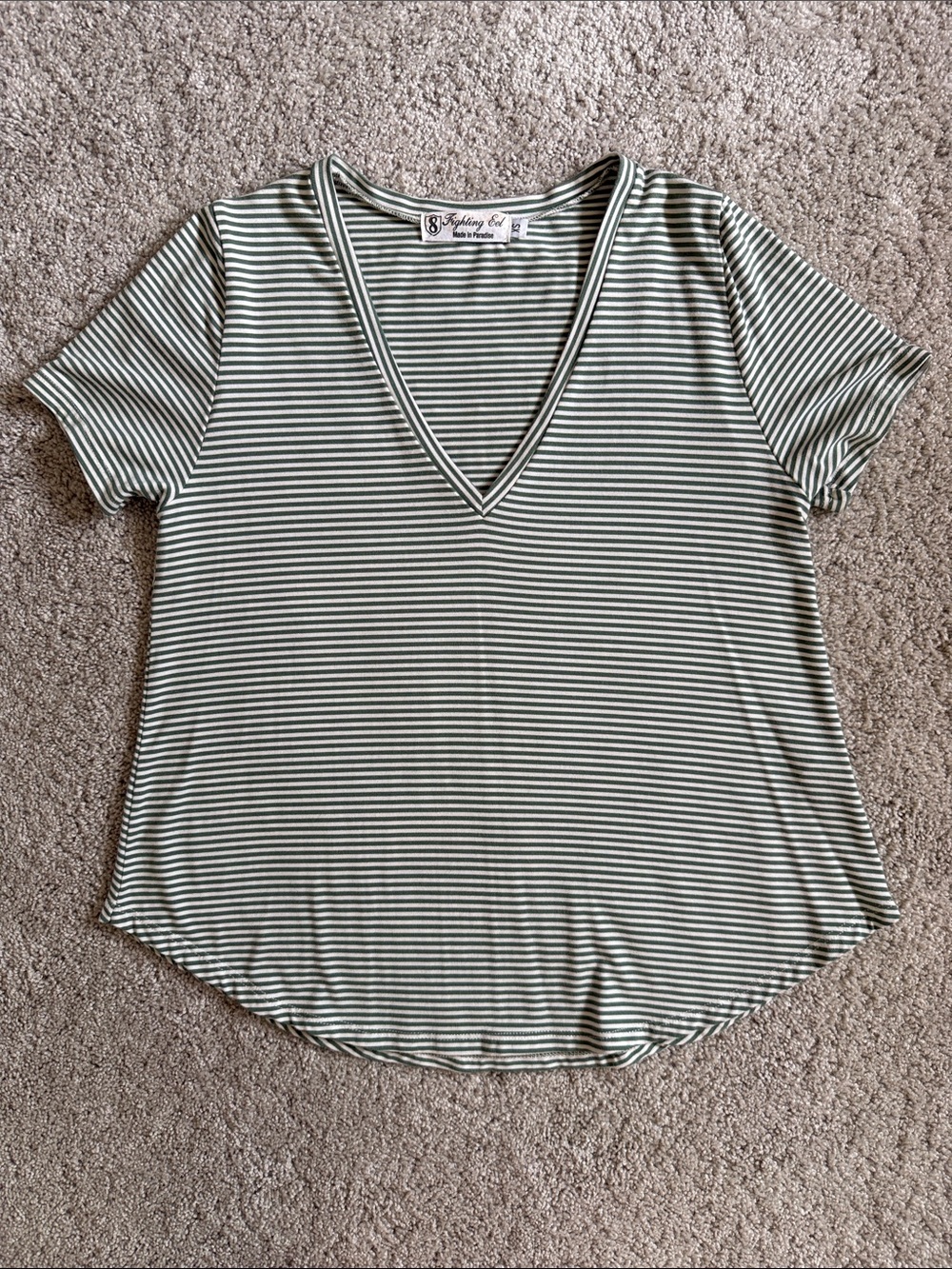 Fighting Eel Olive and White Striped V-Neck Tee